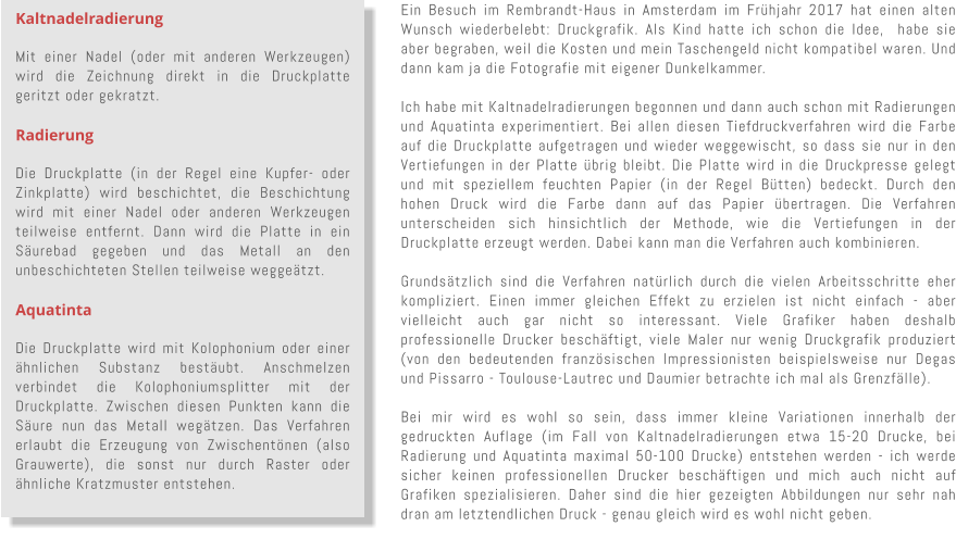 Kaltnadelradierung Mit einer Nadel (oder mit anderen Werkzeugen) wird die Zeichnung direkt in die Druckplatte geritzt oder gekratzt.  Radierung Die Druckplatte (in der Regel eine Kupfer- oder Zinkplatte) wird beschichtet, die Beschichtung wird mit einer Nadel oder anderen Werkzeugen teilweise entfernt. Dann wird die Platte in ein S�urebad gegeben und das Metall an den unbeschichteten Stellen teilweise wegge�tzt.  Aquatinta Die Druckplatte wird mit Kolophonium oder einer �hnlichen Substanz best�ubt. Anschmelzen verbindet die Kolophoniumsplitter mit der Druckplatte. Zwischen diesen Punkten kann die S�ure nun das Metall weg�tzen. Das Verfahren erlaubt die Erzeugung von Zwischent�nen (also Grauwerte), die sonst nur durch Raster oder �hnliche Kratzmuster entstehen. Ein Besuch im Rembrandt-Haus in Amsterdam im Fr�hjahr 2017 hat einen alten Wunsch wiederbelebt: Druckgrafik. Als Kind hatte ich schon die Idee,  habe sie aber begraben, weil die Kosten und mein Taschengeld nicht kompatibel waren. Und dann kam ja die Fotografie mit eigener Dunkelkammer.  Ich habe mit Kaltnadelradierungen begonnen und dann auch schon mit Radierungen und Aquatinta experimentiert. Bei allen diesen Tiefdruckverfahren wird die Farbe auf die Druckplatte aufgetragen und wieder weggewischt, so dass sie nur in den Vertiefungen in der Platte �brig bleibt. Die Platte wird in die Druckpresse gelegt und mit speziellem feuchten Papier (in der Regel B�tten) bedeckt. Durch den hohen Druck wird die Farbe dann auf das Papier �bertragen. Die Verfahren unterscheiden sich hinsichtlich der Methode, wie die Vertiefungen in der Druckplatte erzeugt werden. Dabei kann man die Verfahren auch kombinieren.    Grunds�tzlich sind die Verfahren nat�rlich durch die vielen Arbeitsschritte eher kompliziert. Einen immer gleichen Effekt zu erzielen ist nicht einfach - aber vielleicht auch gar nicht so interessant. Viele Grafiker haben deshalb professionelle Drucker besch�ftigt, viele Maler nur wenig Druckgrafik produziert (von den bedeutenden franz�sischen Impressionisten beispielsweise nur Degas und Pissarro - Toulouse-Lautrec und Daumier betrachte ich mal als Grenzf�lle).   Bei mir wird es wohl so sein, dass immer kleine Variationen innerhalb der gedruckten Auflage (im Fall von Kaltnadelradierungen etwa 15-20 Drucke, bei Radierung und Aquatinta maximal 50-100 Drucke) entstehen werden - ich werde sicher keinen professionellen Drucker besch�ftigen und mich auch nicht auf Grafiken spezialisieren. Daher sind die hier gezeigten Abbildungen nur sehr nah dran am letztendlichen Druck - genau gleich wird es wohl nicht geben.